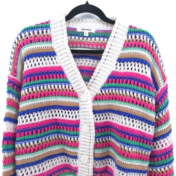 VIGOSS Womens Striped Candy Multicolor Crochet Button Down Sweater Cardigan L - Picture 2 of 12